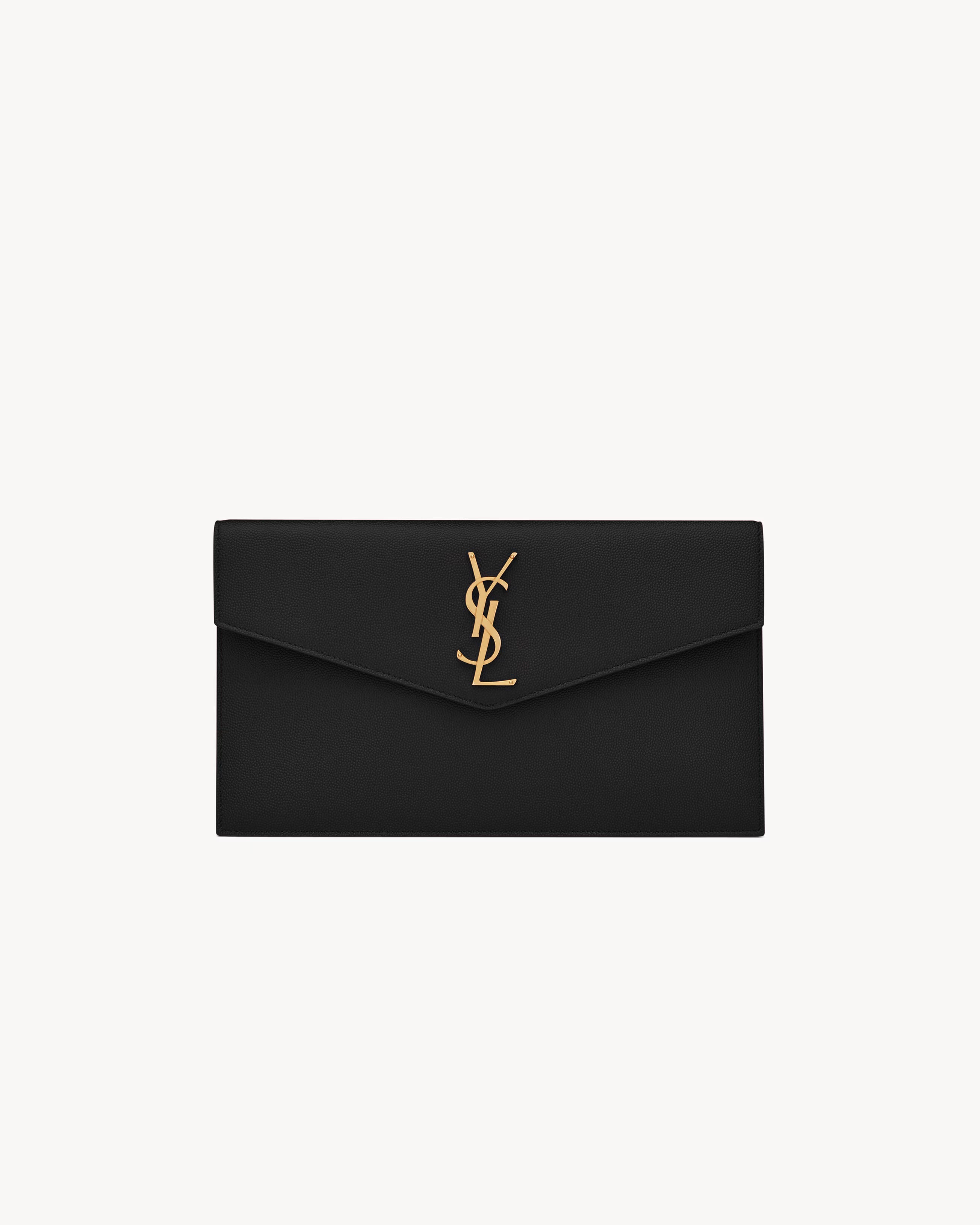 Saint Laurent Pochette Uptown Grain de Poudre Embossed Leather Black and Gold