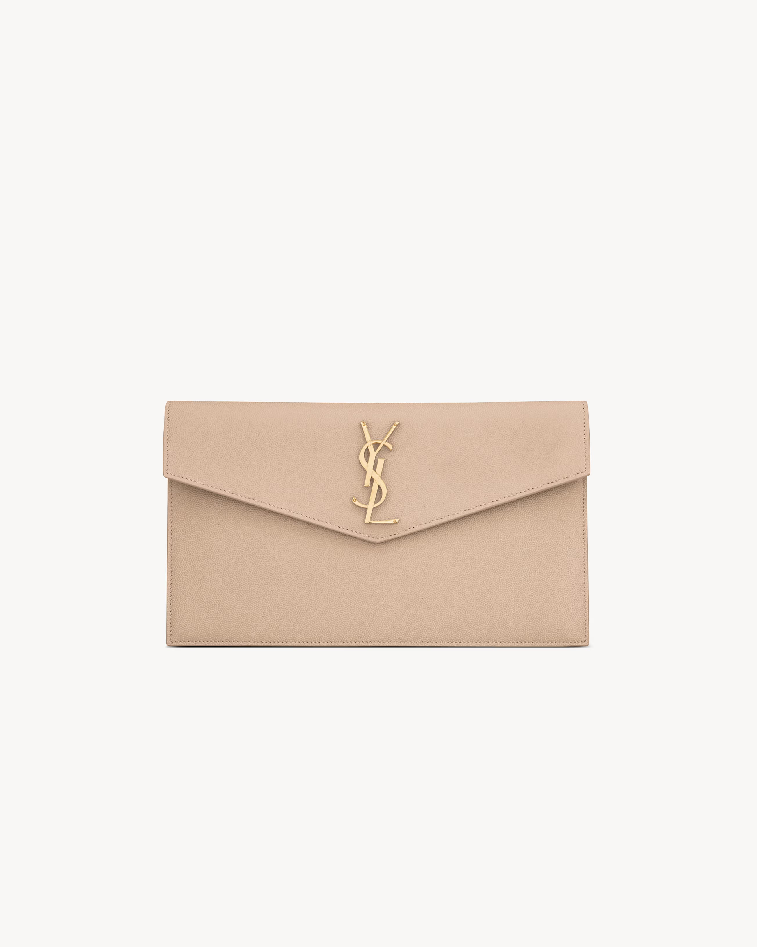 Saint Laurent Pochette Uptown Grain de Poudre Embossed Leather Dark Beige