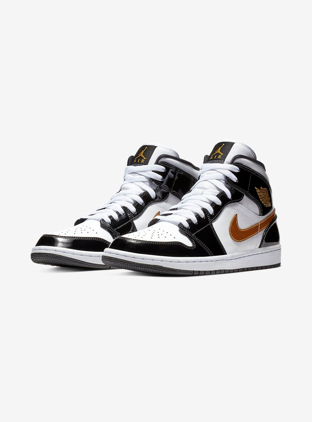 Air Jordan 1 Mid Patent Black White Gold