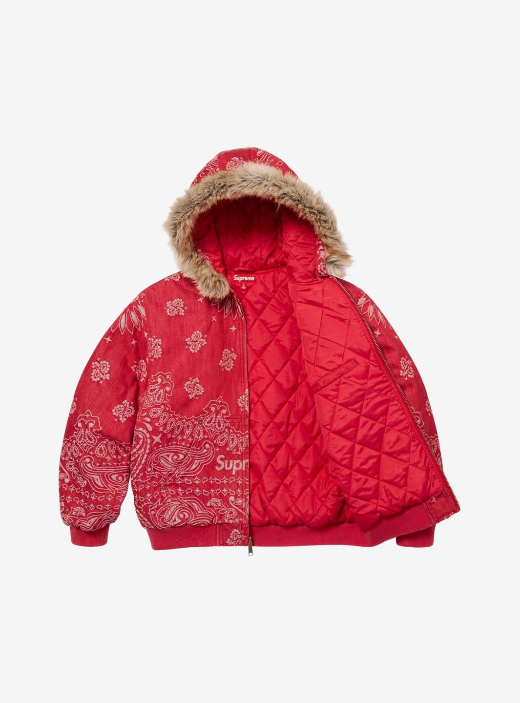 Supreme Bandana Jacquard Denim Hooded Work Jacket Red